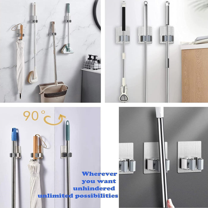 Stainless Steel Mop Broom Holder Organizer, With Glue 6gm Adhesive Wall Mounted Mop Organizer Storage Rack Clip Heavy Duty Broom Hanger for Laundry Room Garden Tool Holder Bathroom Accessories (1 Pc)
