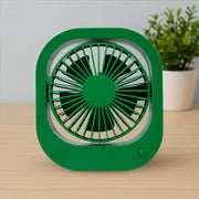 Compact rechargeable fan, model 1110, ideal for personal cooling on a desk.