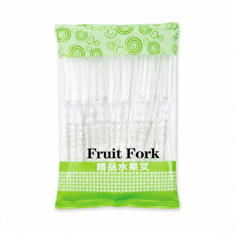 Pack box of disposable clear plastic fruit forks