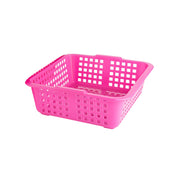 Decorative plastic fruit basket filled with colorful fresh fruits.