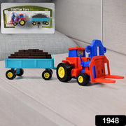 Side view of the durable plastic friction tractor with its detachable trolley on a white background.