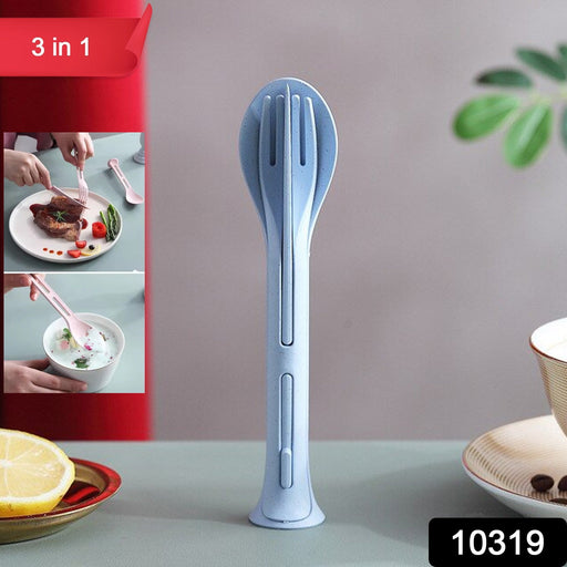 The compact design of the reusable travel cutlery set, showing how the spoon, fork, and knife fit together.