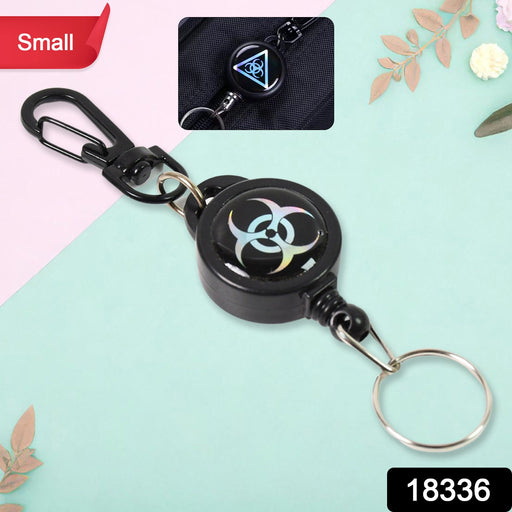 Retractable key reel featuring a secure metal lobster clasp for easy attachment.