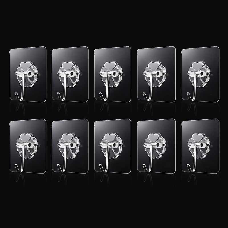 Transparent adhesive wall hooks 10pc set on white background
