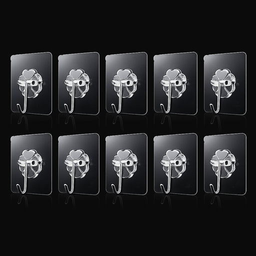Transparent adhesive wall hooks 10pc set on white background