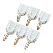 Pack of six white self-adhesive utility hooks for home organisation.