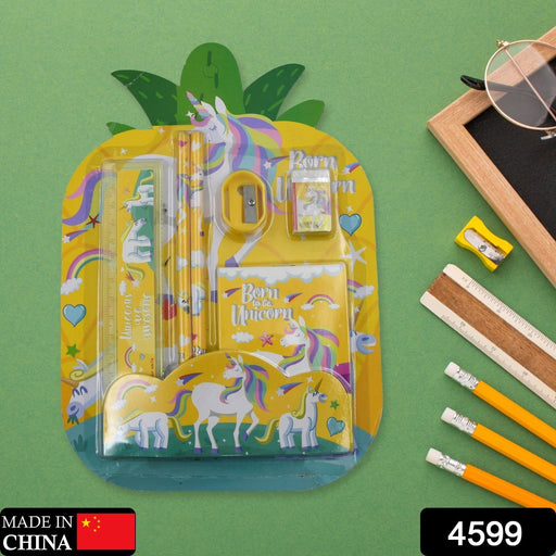 Detailed view of the 6-piece kids stationery kit with pencil, ruler, and eraser.