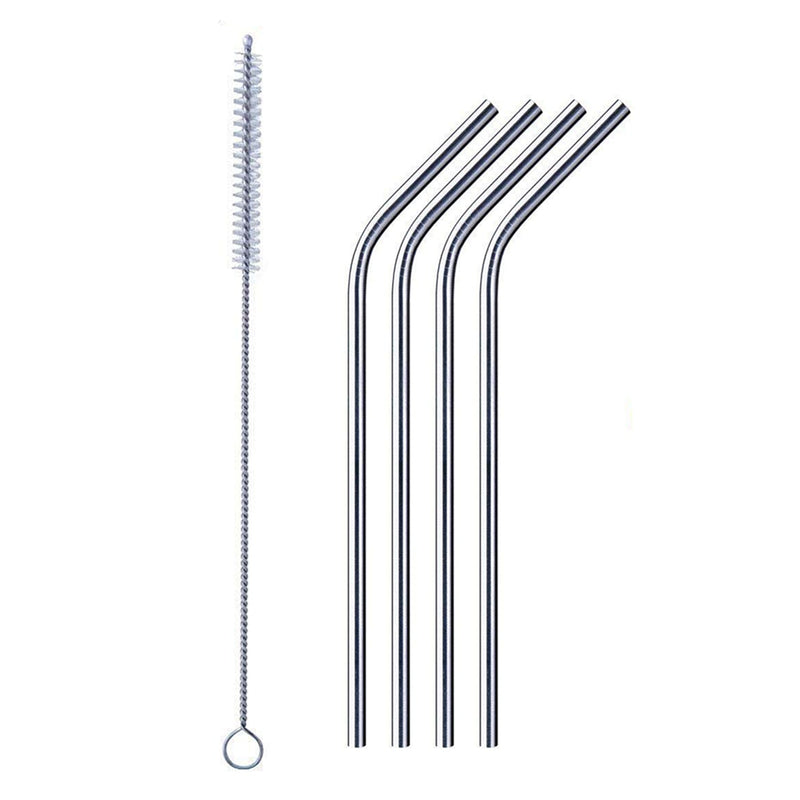 Bent stainless steel straw elegantly placed in a clear drinking glass.