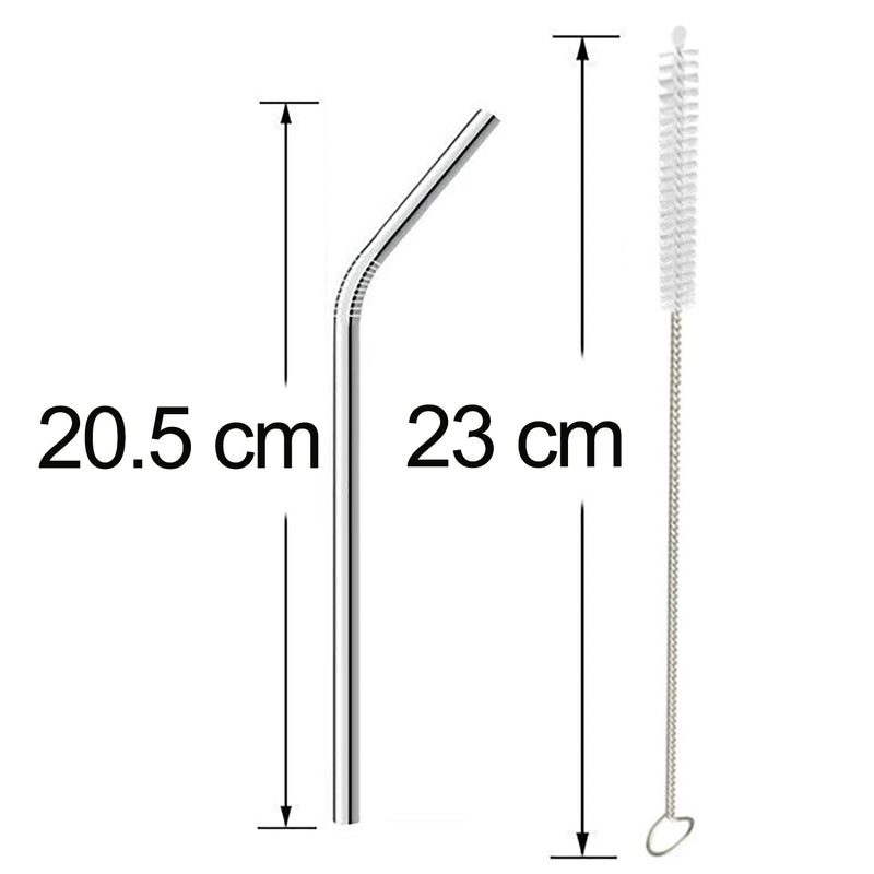 Four shiny bent metal straws and a cleaning brush laid out for inspection.