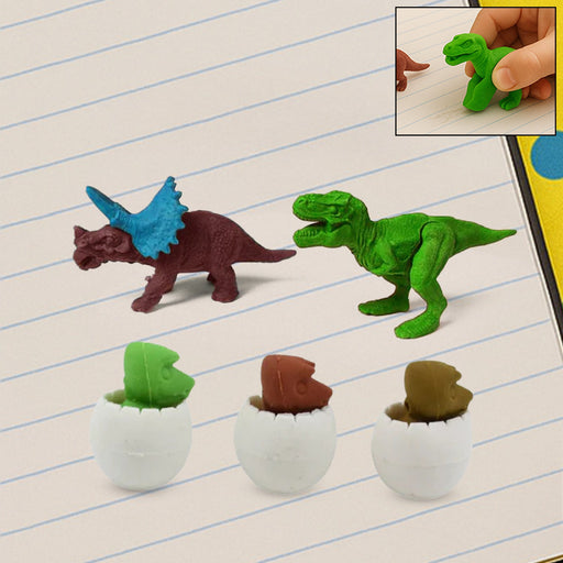 A set of five colorful dinosaur puzzle erasers and egg shapes.
