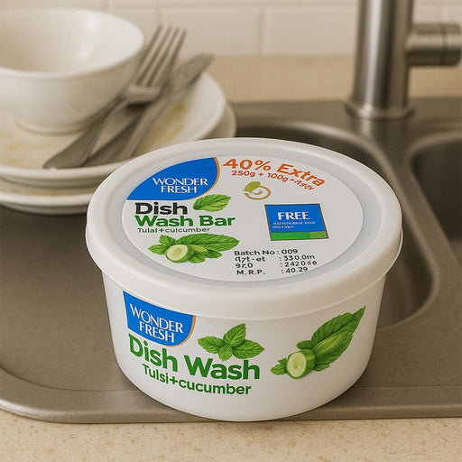 Wonder Fresh Dishwash Bar 350g in Fresh Mix Flavor with a super scrubber on a clean surface.