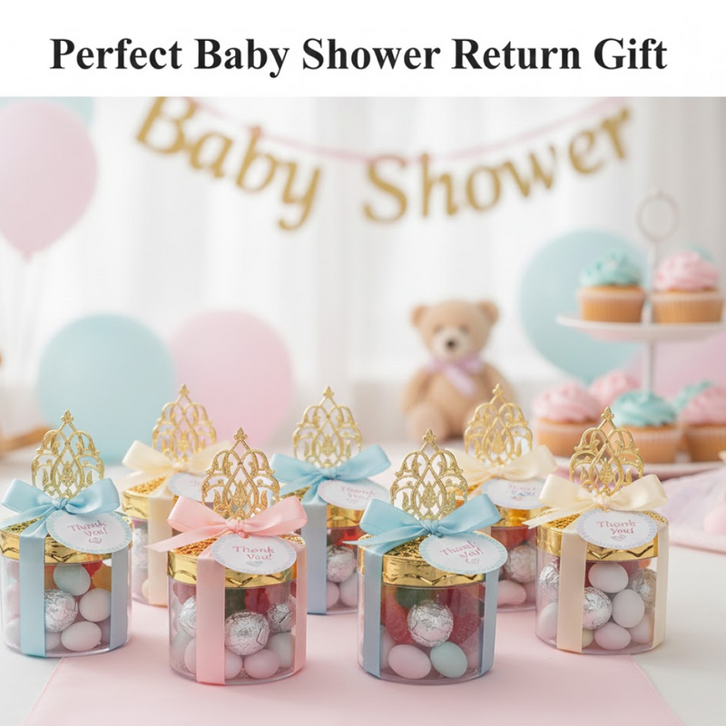Transparent baby shower candy box showing detailed design