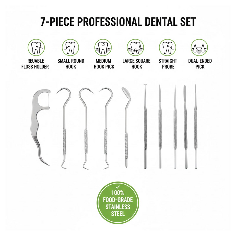 Detailed view of the reusable stainless steel floss pick, showcasing its design.