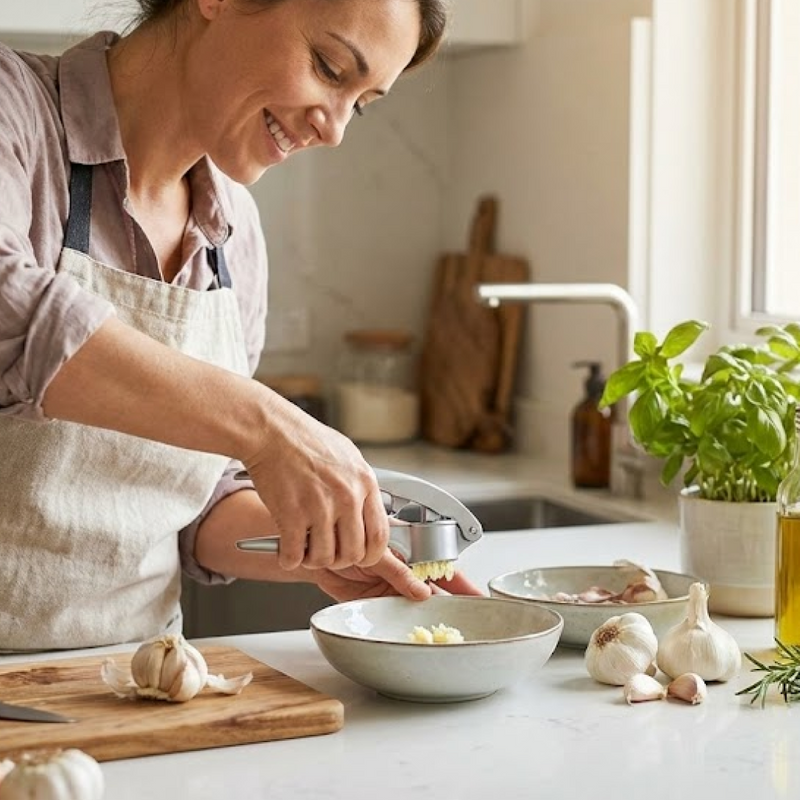 Sturdy aluminum garlic press with a sleek, metallic finish.