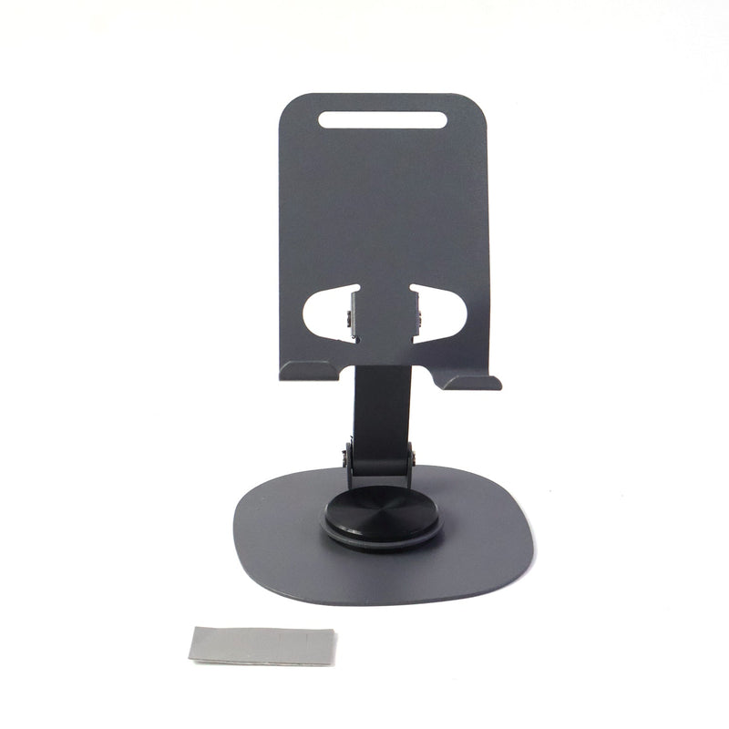 Close-up view of sturdy metallic round base of foldable mobile stand