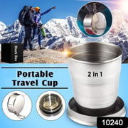 Compact stainless steel folding cup, highlighting its portability for outdoor activities.
