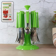 24-piece stainless steel cutlery set displayed with rotating stand