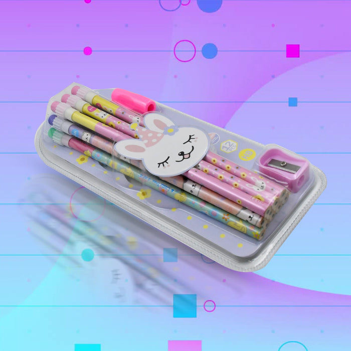Cute Rabbit Bear Drawing Graphite Writing Pencil Set with Pencil Sharpener & Eraser, Pencil and Eraser Set with Eraser for Kids, for Girls, Fancy School Stationary, Birthday Party Return Gift (14 Pc Set)
