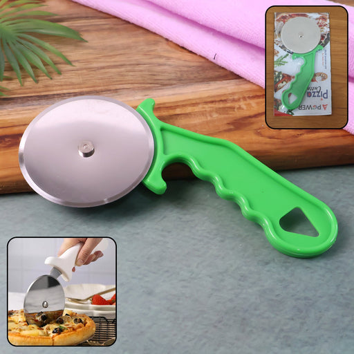 Ergonomic Quickslice stainless steel pizza and pastry cutter on a clean white background.