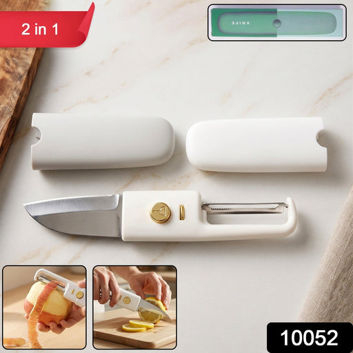 Compact folding fruit peeler and kitchen knife, ideal for travel and camping.