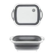 Overhead view of the multi-function foldable chopping board, dish rack, and washing bowl.