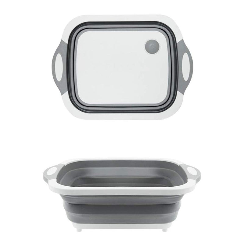 Overhead view of the multi-function foldable chopping board, dish rack, and washing bowl.