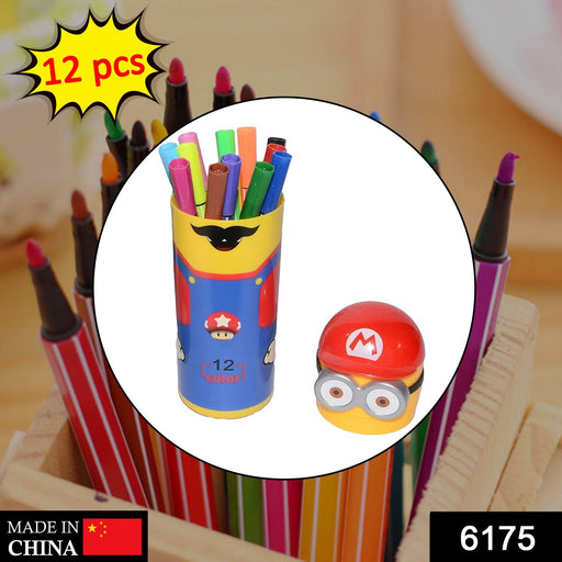 A 12-piece Minions-themed sketch pen set with vibrant colors in its portable case.