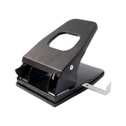 Side view of metal 2-hole paper punch machine with adjustable metal ruler
