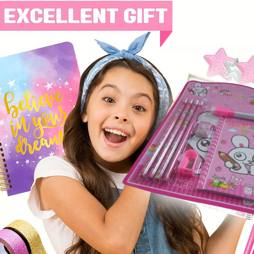 Close-up of the cartoon-themed Kids' Stationery Kit components.