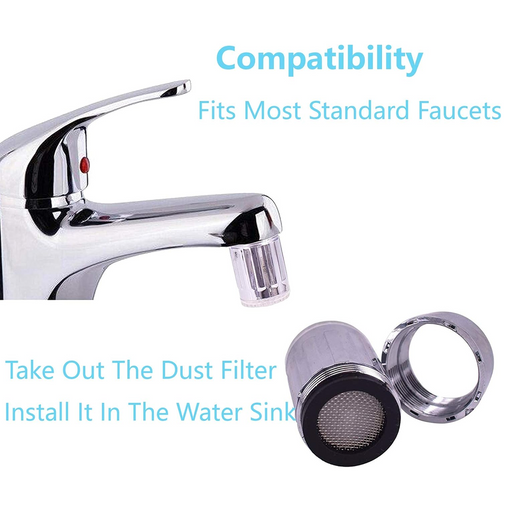 LED water light lamp faucet adapter showing vibrant glow in bathroom sink