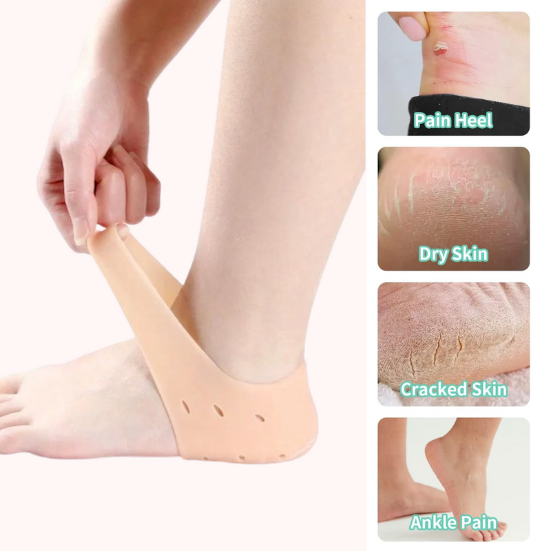 Diagram demonstrating the moisturizing effect of gel heel socks on dry skin.