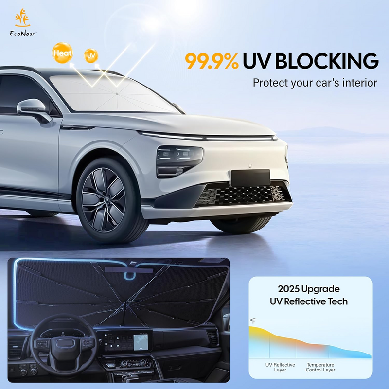 Size reference of the compact foldable car sunshade next to a car's dashboard.