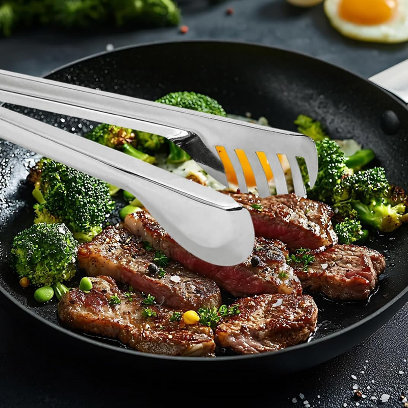 Serving pasta with durable stainless steel tong