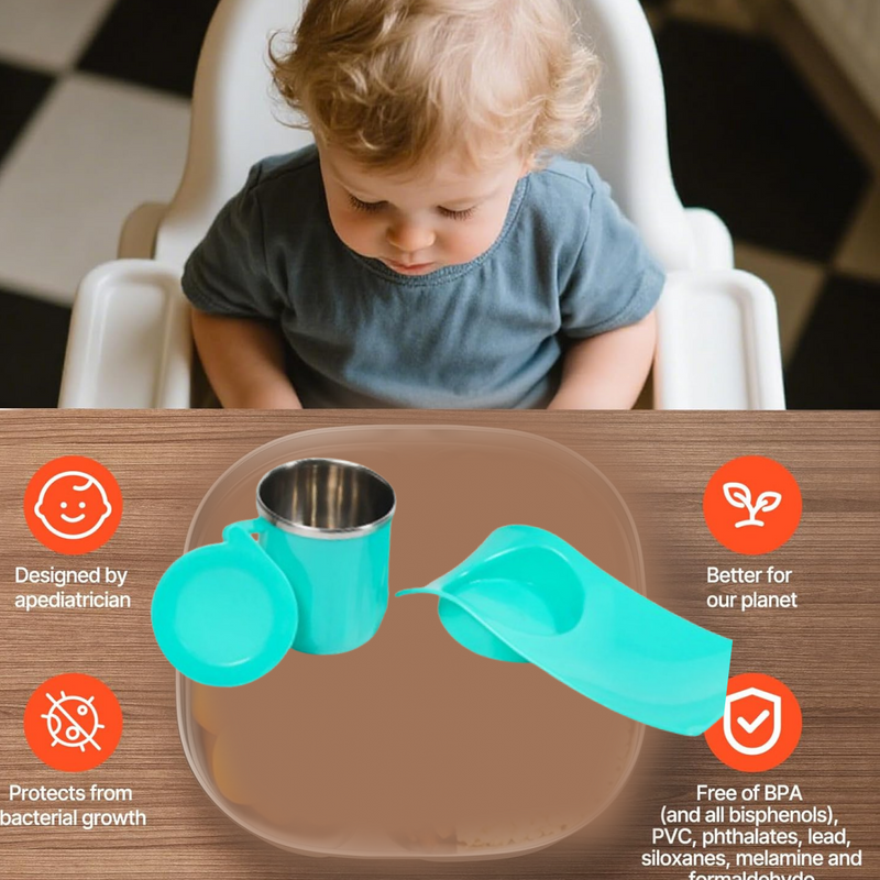A side view of the snack tray and steel cup, highlighting its ergonomic design.