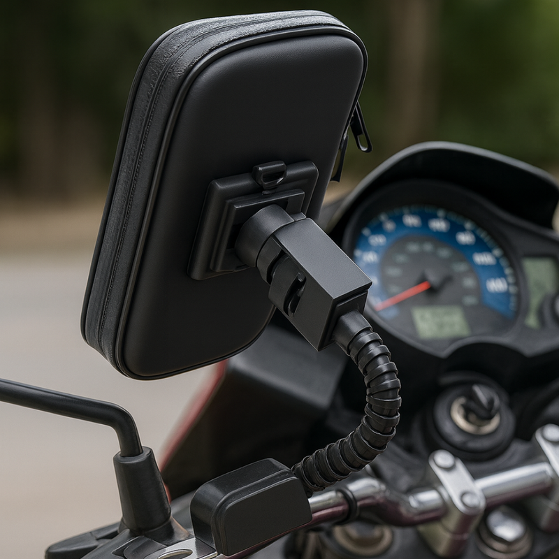 Components of the universal bike phone holder, including the case and handlebar clamp.