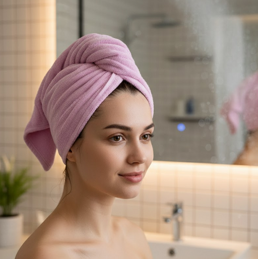 Woman wearing a VelvaBloom quick dry hair wrap after showering, smiling.