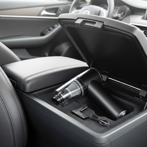 USB rechargeable car vacuum cleaner with charging cable and nozzle attachments.