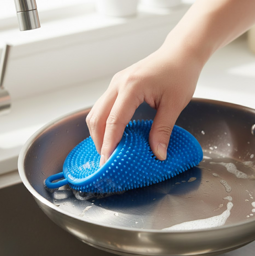 Close-up of a white silicone dish scrubber showing soft, flexible bristles.