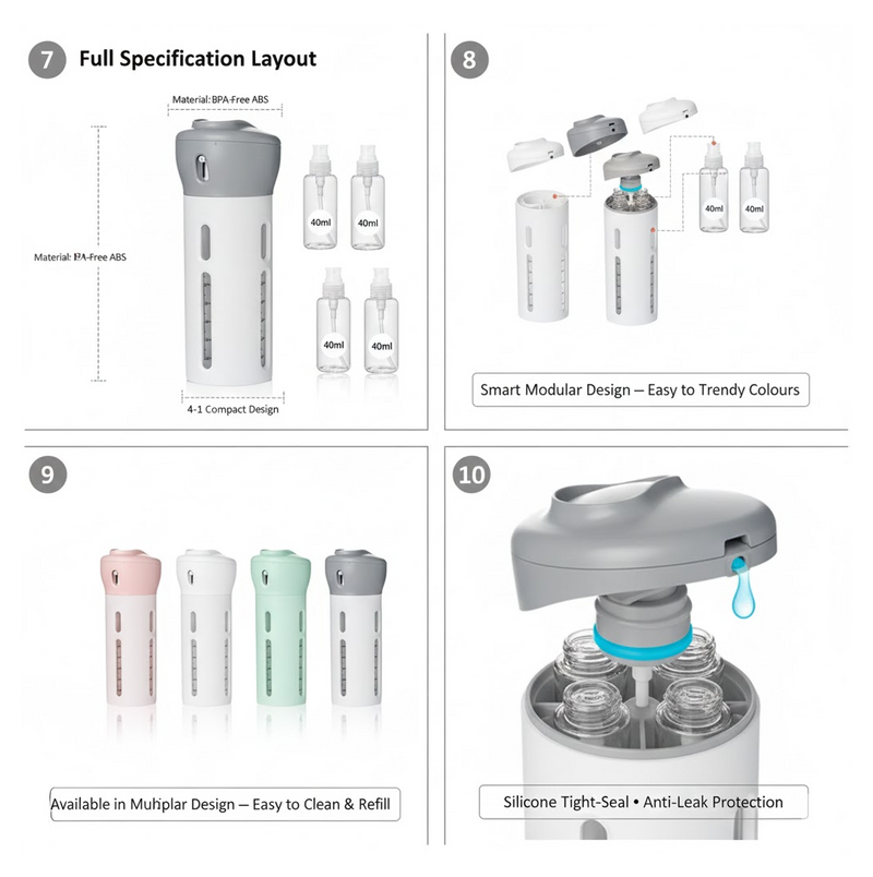 A hand demonstrating how to rotate the 4-in-1 travel dispenser for use.