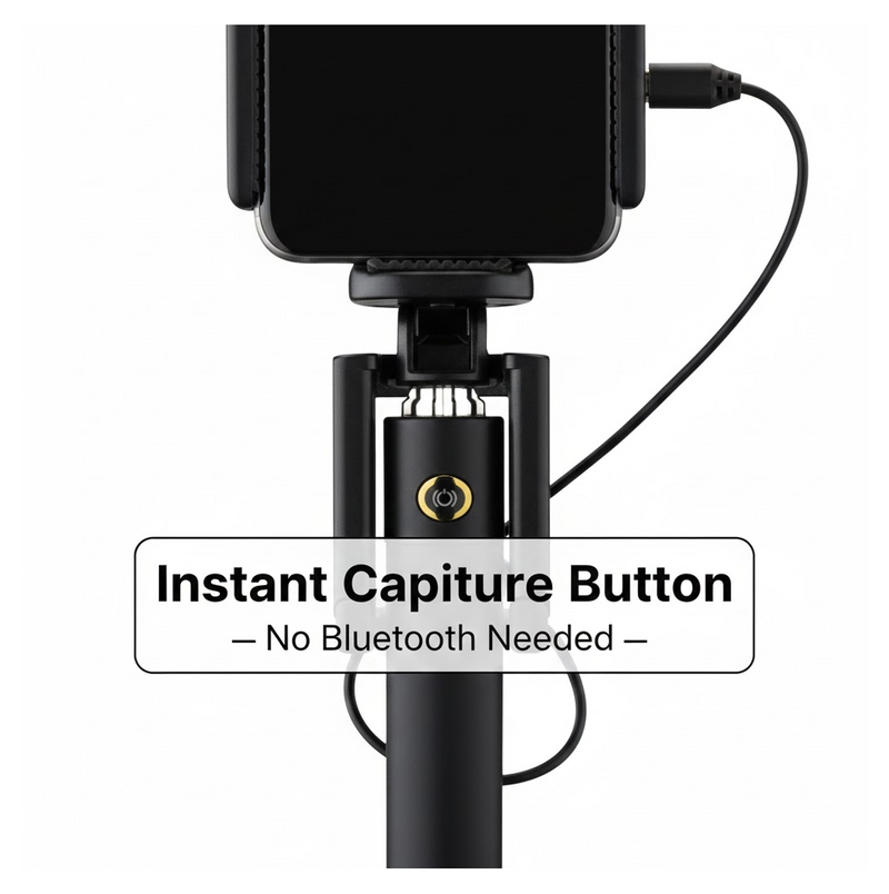 Set of selfie stick accessories, highlighting the aux wire and phone holder compatibility.
