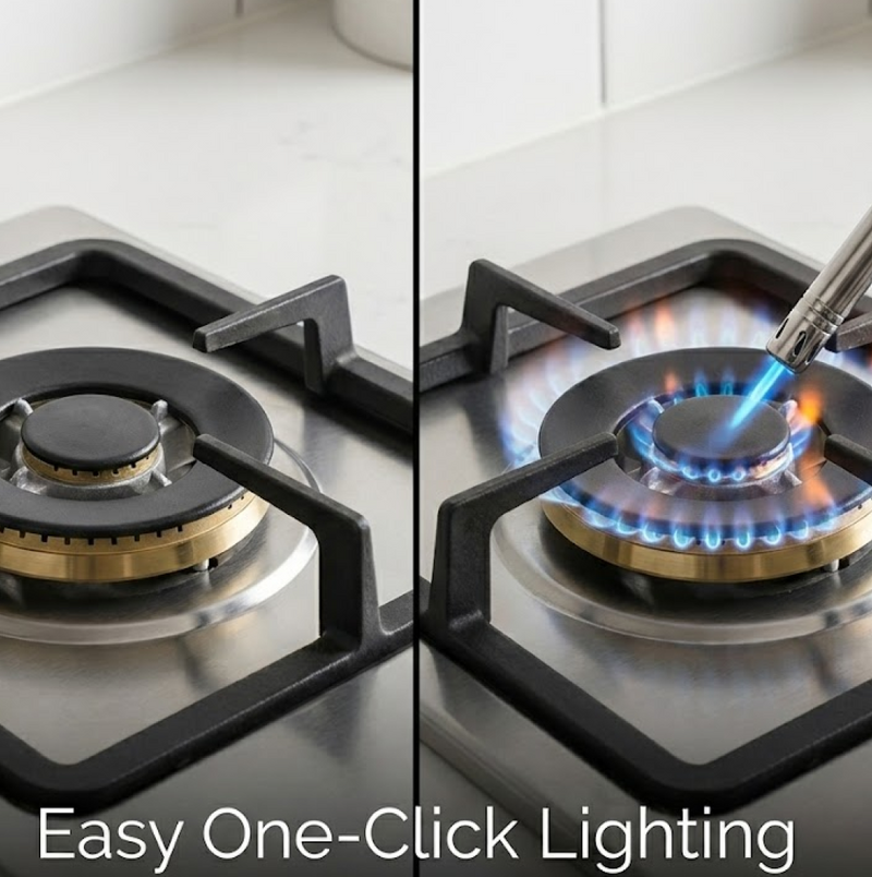 Side view of the sleek ChefArmor stainless steel gas lighter for kitchen use.