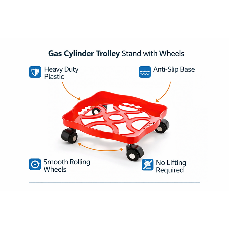 Close-up of heavy-duty castor wheels with anti-skid locks on a gas cylinder trolley.