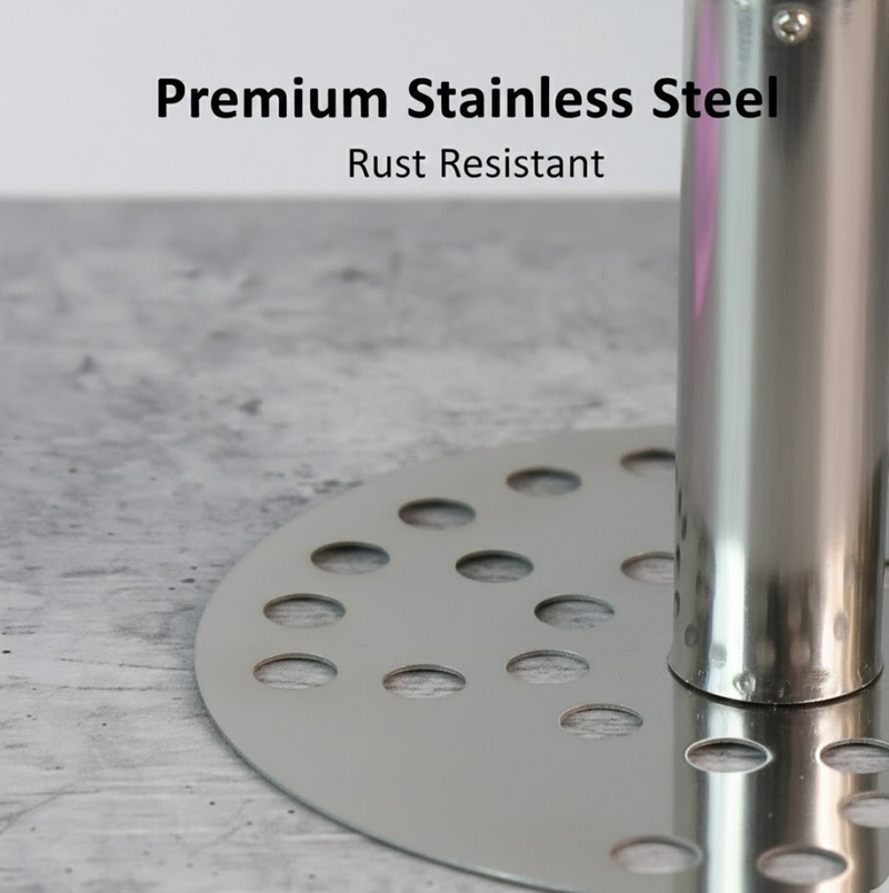 Side profile of the Quickslice Stainless Steel Potato Masher with its comfortable wooden handle.