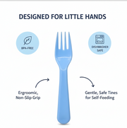 The set of five reusable plastic forks displayed against a neutral background for clear product visibility.