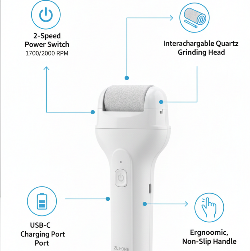 Electric foot file showing power button, speed control, and charging indicator lights