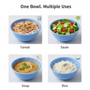 A family meal with different dishes served in durable, microwave safe plastic bowls.