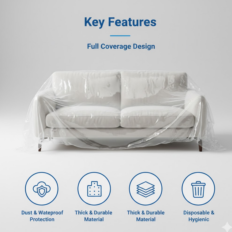 A single armchair protected by a transparent plastic furniture protector.