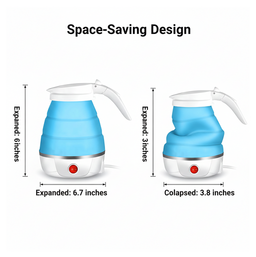 Diagram showing the compact size of the portable electric kettle.