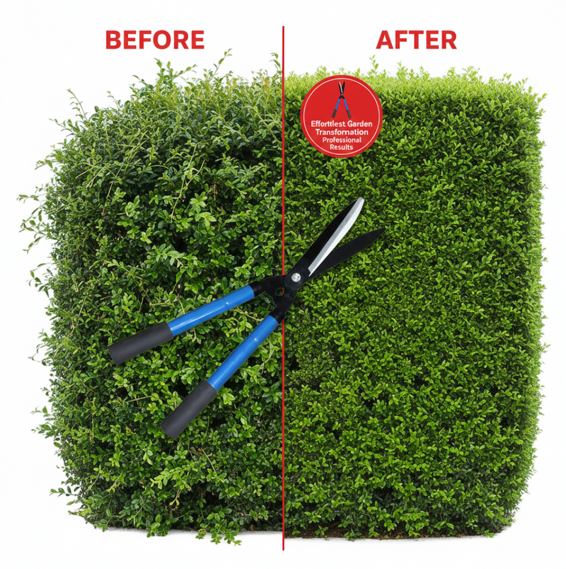 PillowTrek hedge shear in action, shaping a garden topiary plant.