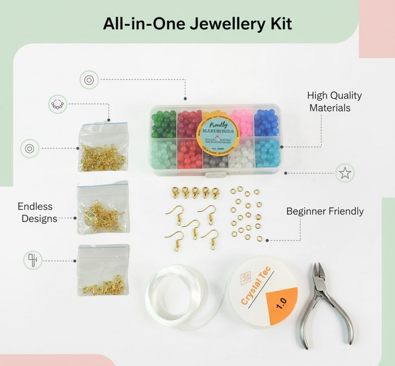 Close-up of colorful beads and metal clasps in DIY Jewellery Making Kit
